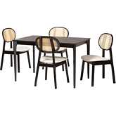 Darrion 5 Piece Dining Set in Cream Fabric, Black Wood & PE Rattan