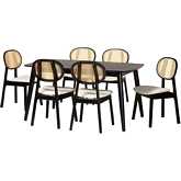 Darrion 7 Piece Dining Set in Cream Fabric, Black Wood & PE Rattan