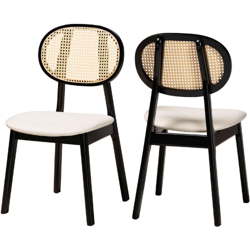 Darrion Dining Chair in Cream Fabric, Black Wood & PE Rattan (Set of 2)