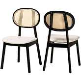 Darrion Dining Chair in Cream Fabric, Black Wood & PE Rattan (Set of 2)