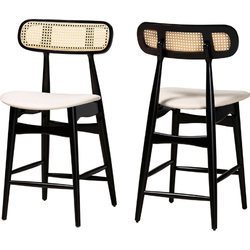 Tarana Counter Stool in Cream Fabric, Black Wood & PE Rattan (Set of 2)