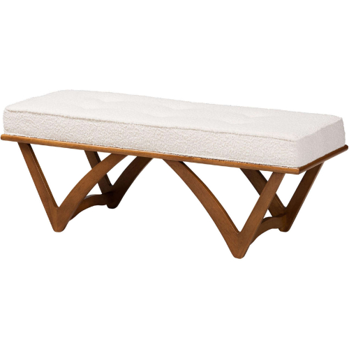 Chenoa Bench in Tufted Cream Boucle Fabric & Walnut Brown Finish Wood