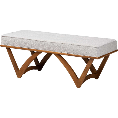 Chenoa Bench in Tufted Light Grey Boucle Fabric & Walnut Brown Finish Wood