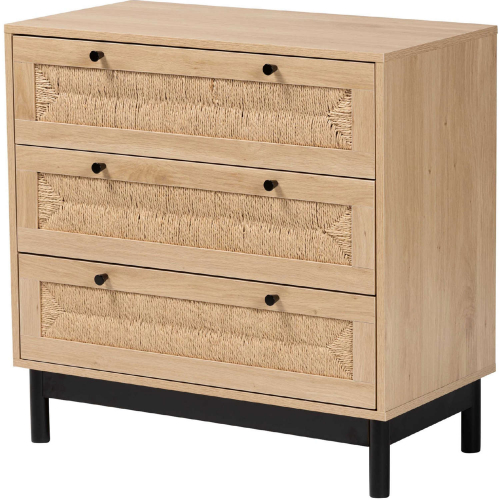 Cherelle 3 Drawer Storage Cabinet in Light Wood, Rattan & Black