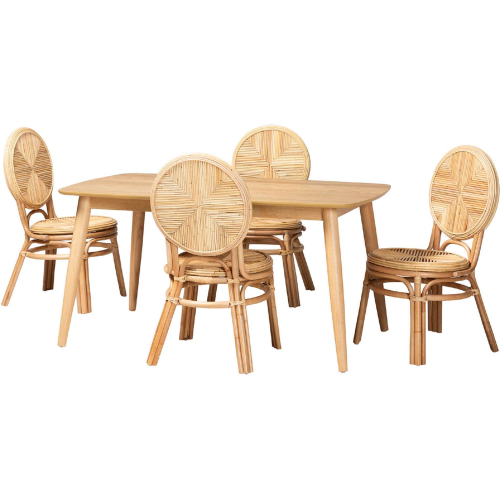 Carita 5 Piece Dining Set in Natural Brown Rattan & Wood