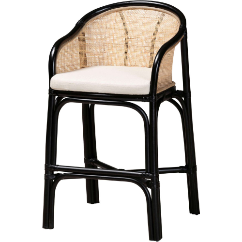 Miranda Counter Stool in Black & Natural Brown Rattan & White Fabric