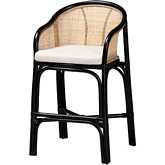 Miranda Counter Stool in Black & Natural Brown Rattan & White Fabric