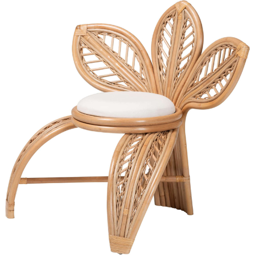 Gresham Leaf Shape Accent Chair in Natural Brown Rattan & White Fabric