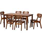 Jeriah 7 Piece Dining Set in Walnut Brown Finish Wood & Woven Rattan