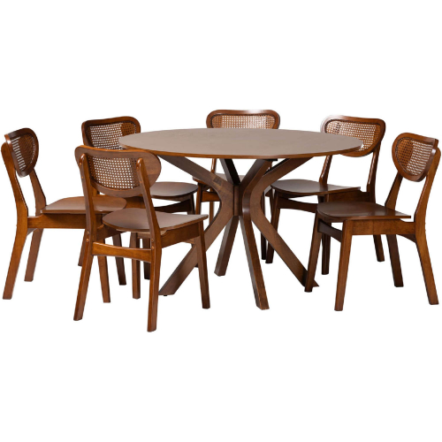 Giuliana 7 Piece Dining Set in Walnut Brown Finish Wood & Woven Rattan