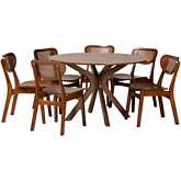 Giuliana 7 Piece Dining Set in Walnut Brown Finish Wood & Woven Rattan