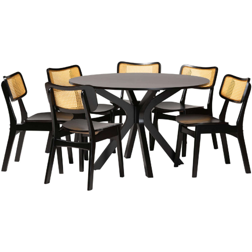 Linnet 7 Piece Dining Set in Dark Brown Finish Wood & Rattan