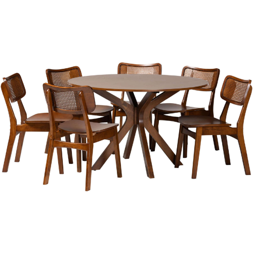 Linnet 7 Piece Dining Set in Walnut Brown Finish Wood & Rattan