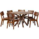 Linnet 7 Piece Dining Set in Walnut Brown Finish Wood & Rattan