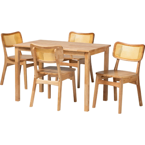 Dulcet 5 Piece Dining Set in Oak Brown Finish Wood & Rattan
