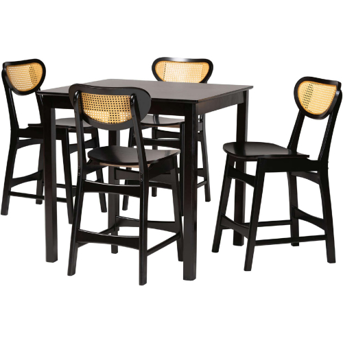 Hesper 5 Piece Pub Dining Set in Dark Brown Finish Wood & Rattan