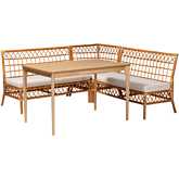 Adora 4 Piece Dining Nook Set in Honey Rattan, Wood & White Fabric