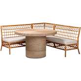 Adalina 4 Piece Dining Nook Set in Seagrass, Honey Rattan & White Fabric