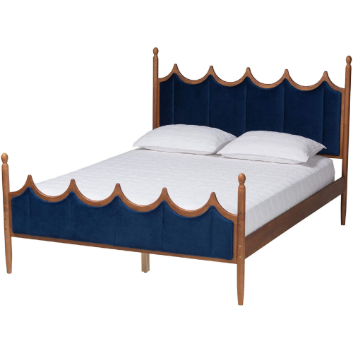 Calgary Queen Platform Bed in Royal Blue Velvet & Walnut Finish Wood