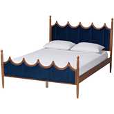 Calgary Queen Platform Bed in Royal Blue Velvet & Walnut Finish Wood