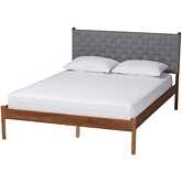 Estela Queen Platform Bed in Walnut Brown Wood & Grey Woven Fabric