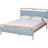 Mateo Queen Platform Bed in Baby Blue Fabric & Natural Finish Wood