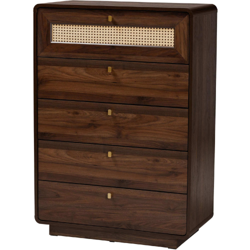 Jenibelle 5 Drawer Chest in Walnut Brown Finish Wood & Rattan