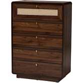 Jenibelle 5 Drawer Chest in Walnut Brown Finish Wood & Rattan