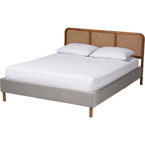 Rosita Queen Platform Bed in Walnut Brown Finish, Rattan & Light Grey Velvet