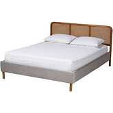 Rosita Queen Platform Bed in Walnut Brown Finish, Rattan & Light Grey Velvet