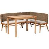 Denver 3 Piece Dining Nook Set in Seagrass, Acacia Wood & White Fabric