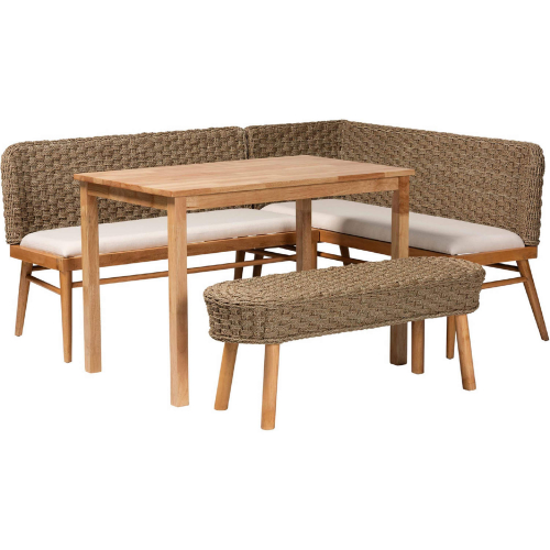 Denver 4 Piece Dining Nook Set in Seagrass, Acacia Wood & White Fabric