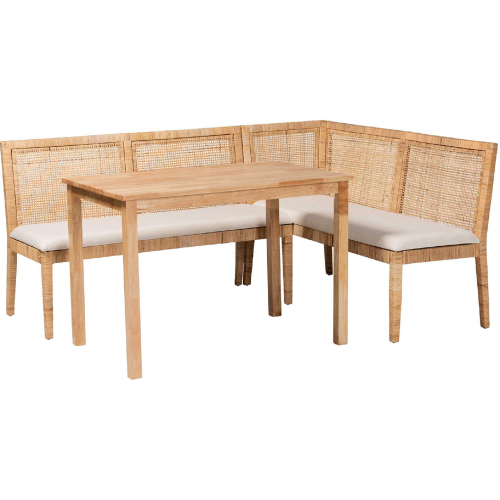 Kalimantan 3 Piece Dining Nook Set in Light Honey Rattan & White Fabric