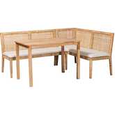 Kalimantan 3 Piece Dining Nook Set in Light Honey Rattan & White Fabric
