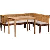 Tabanan 3 Piece Dining Nook set in Natural Rattan, Acacia Wood & White Fabric