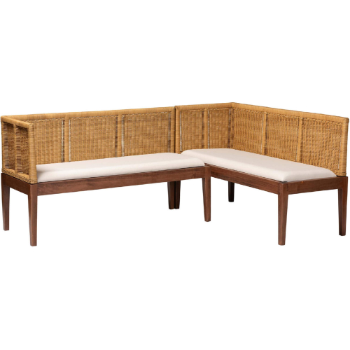 Tabanan 2 Piece Dining Nook Banquette Set in Rattan, Acacia Wood & White Fabric