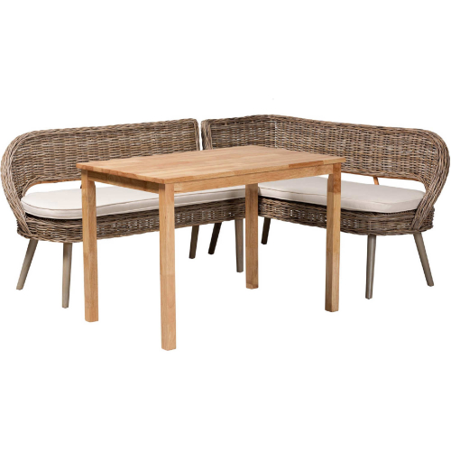 Raisa 3 Piece Dining Nook Set in Wood, Grey Wood, Kubu Rattan & White Fabric