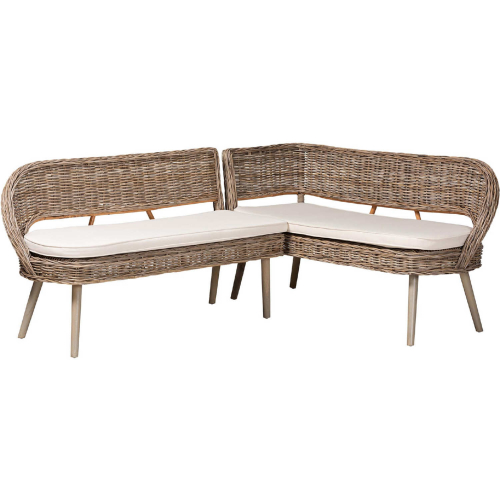 Raisa 2 Piece Dining Nook Banquette Set in Grey Wood, Kubu Rattan & White Fabric