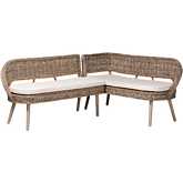 Raisa 2 Piece Dining Nook Banquette Set in Grey Wood, Kubu Rattan & White Fabric