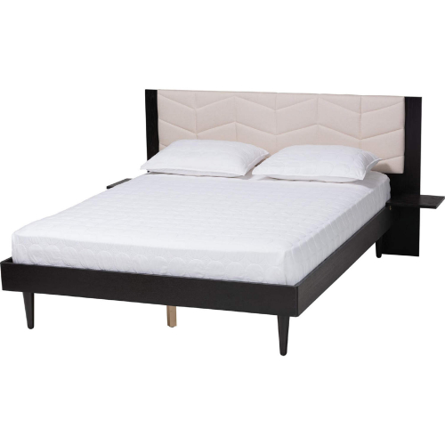 Adriano Queen Bed with Built in Side Tables in Tufted Beige Fabric & Black Wood
