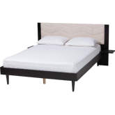 Adriano Queen Bed with Built in Side Tables in Tufted Beige Fabric & Black Wood