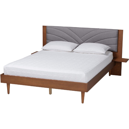 Hemera Queen Platform Bed & Floating Side Table in Walnut Finish & Grey Fabric