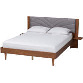 Hemera King Platform Bed & Floating Side Table in Walnut Finish & Grey Fabric