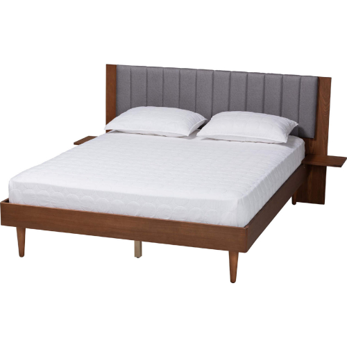 Kalista Queen Bed with Built In Side Tables in Walnut Finish & Tufted Grey Fabric