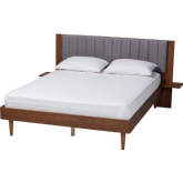 Kalista Queen Bed with Built In Side Tables in Walnut Finish & Tufted Grey Fabric
