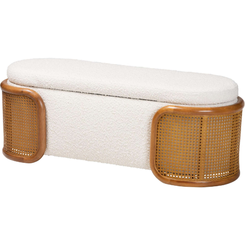 Basira Storage Bench in Wood, Woven Rattan & Cream Boucle Fabric