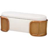 Basira Storage Bench in Wood, Woven Rattan & Cream Boucle Fabric