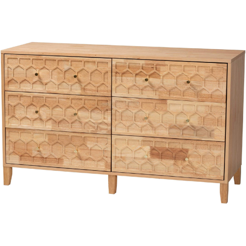 Hosea 6 Drawer Dresser in Natural Finish Carved Honeycomb Wood