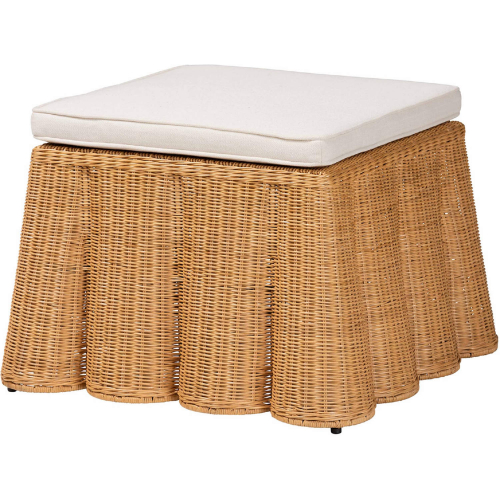Palm Scallop Ottoman in Honey Finish Natural Rattan & Neutral Fabric