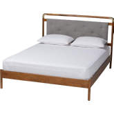 Edwina Queen Platform Bed in Walnut Finish Wood, Tufted Grey Boucle Fabric
